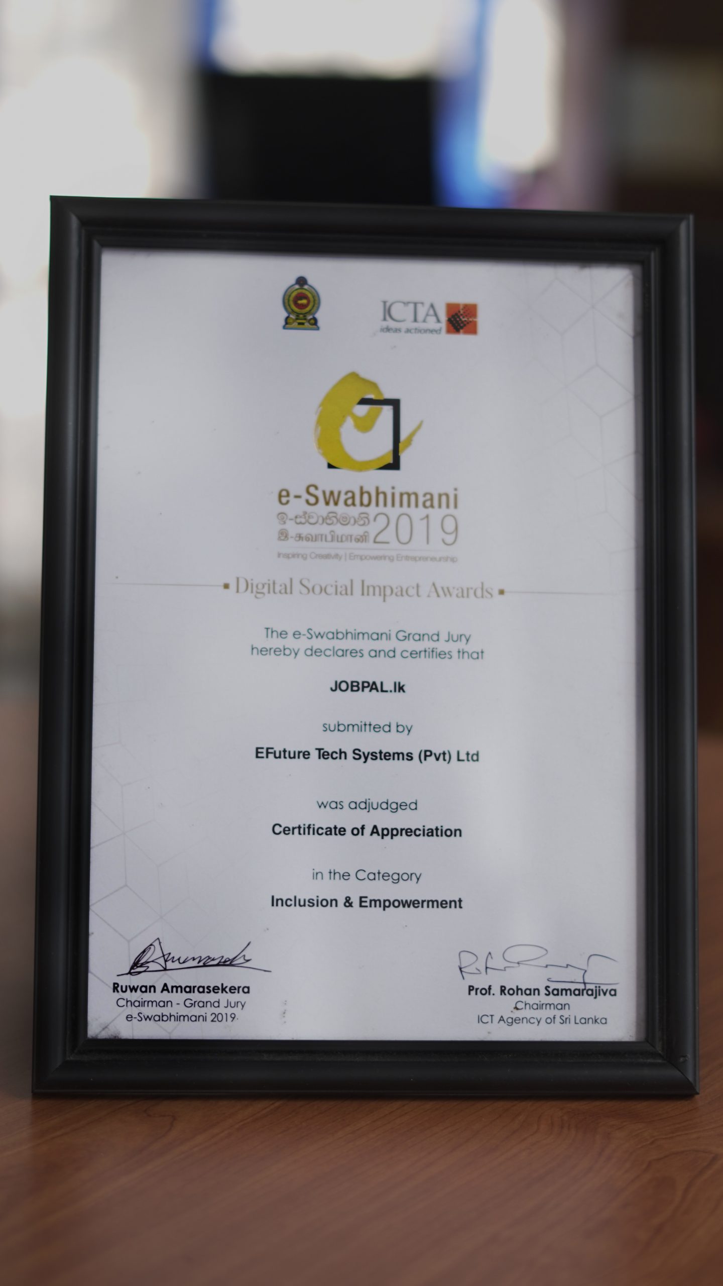 Certificate of Appreciation(Inclusion & Empowerment Sector) - Jobpal.lk